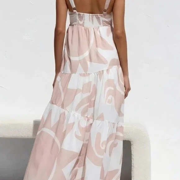 Women's Flowy Maxi Sundress Sleeveless Abstract Print Beach Vacation Wear - Picture 4 of 9